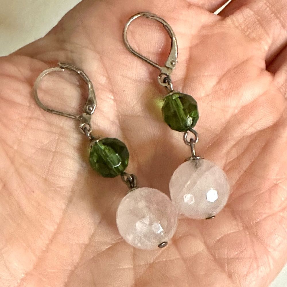 Rose Quartz green beaded drop earrings